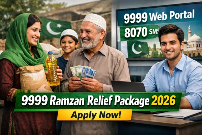 Pakistani family receiving ration support while checking eligibility for the 9999 Ramzan Relief Package 2026 through the 9999 web portal and 8070 SMS service in Pakistan
