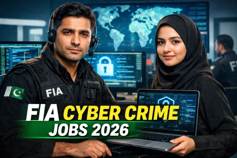 FIA Cyber Crime Jobs 2026 – Pakistani professionals working in a modern cybercrime office, showing computers, security screens, and digital investigation tools.