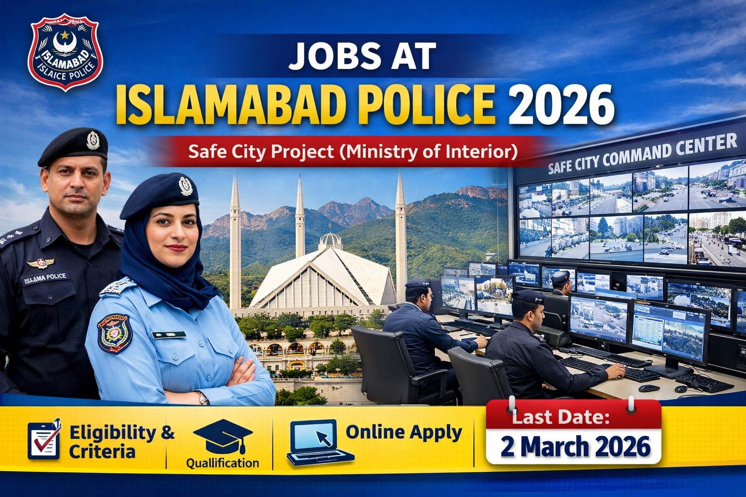 Islamabad Police Jobs 2026 recruitment banner showing police officers, Safe City command center, eligibility details, and last date 2 March 2026