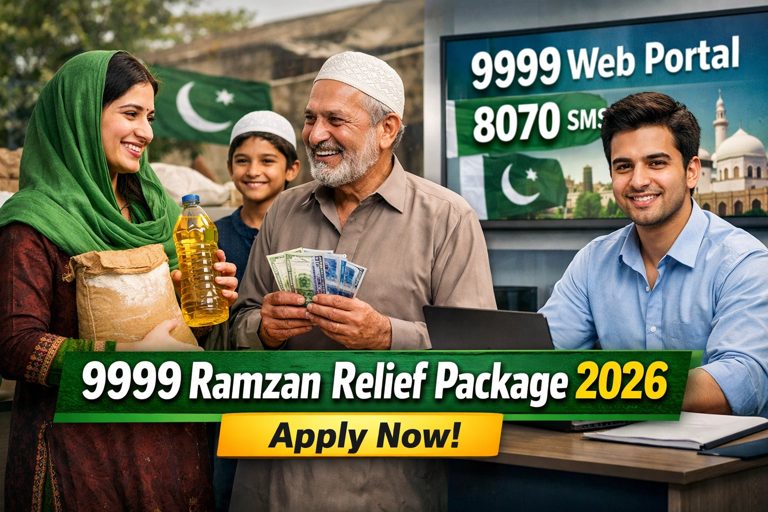 Pakistani family receiving ration support while checking eligibility for the 9999 Ramzan Relief Package 2026 through the 9999 web portal and 8070 SMS service in Pakistan