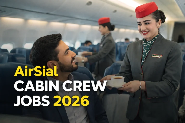 AirSial cabin crew jobs 2026 female air hostess serving passenger inside airplane cabin Pakistan