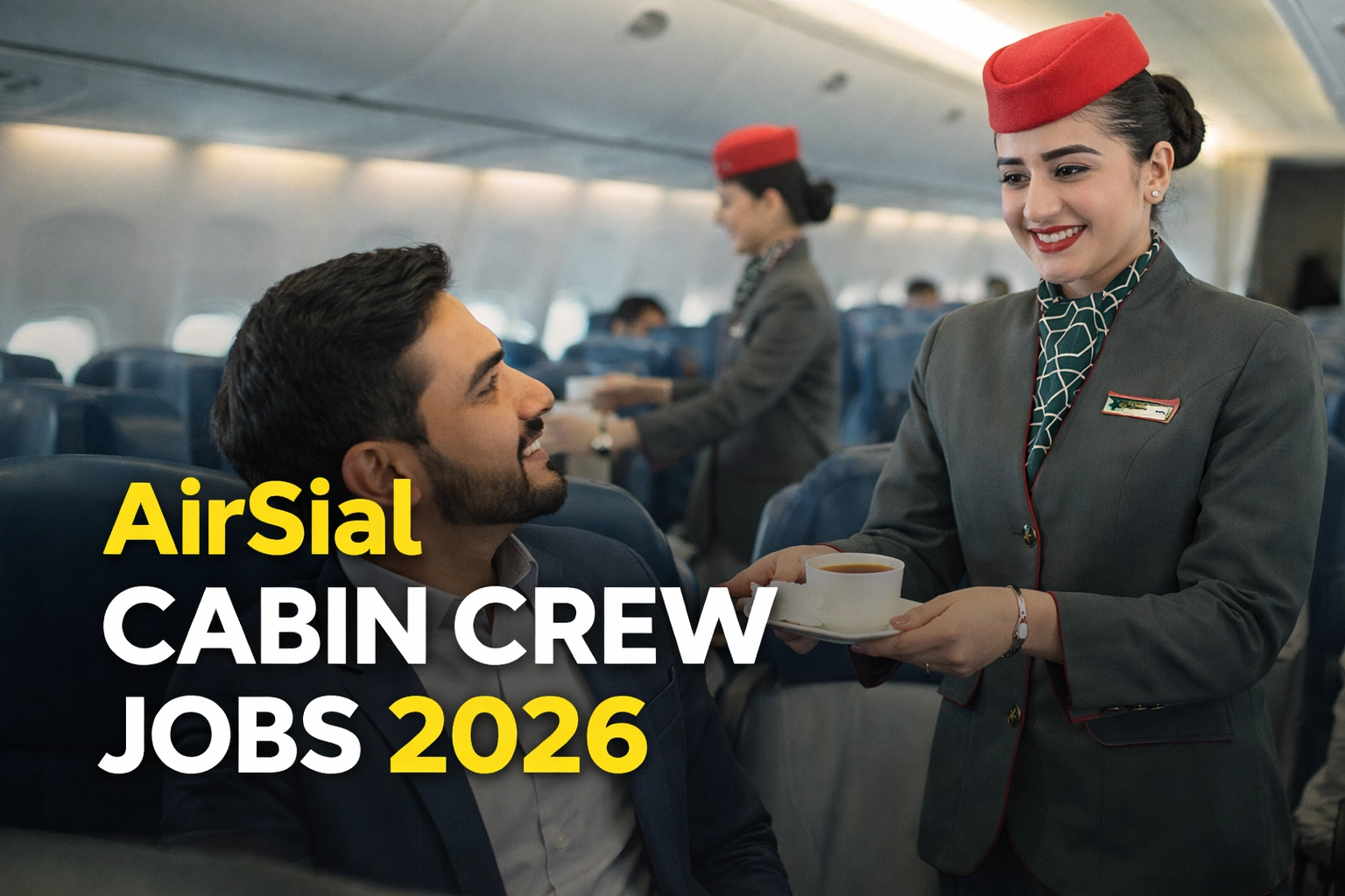 AirSial cabin crew jobs 2026 female air hostess serving passenger inside airplane cabin Pakistan