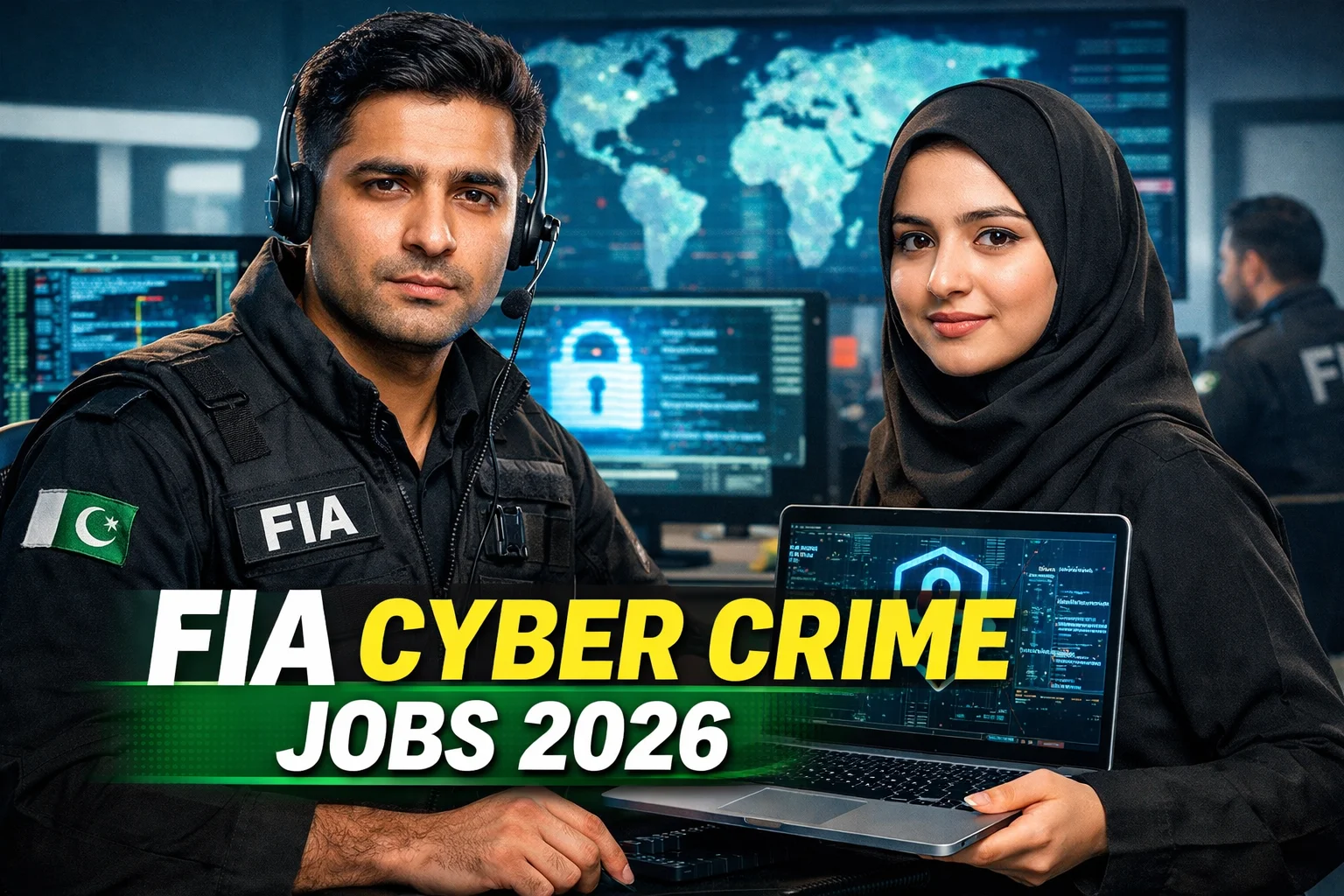 FIA Cyber Crime Jobs 2026 – Pakistani professionals working in a modern cybercrime office, showing computers, security screens, and digital investigation tools.