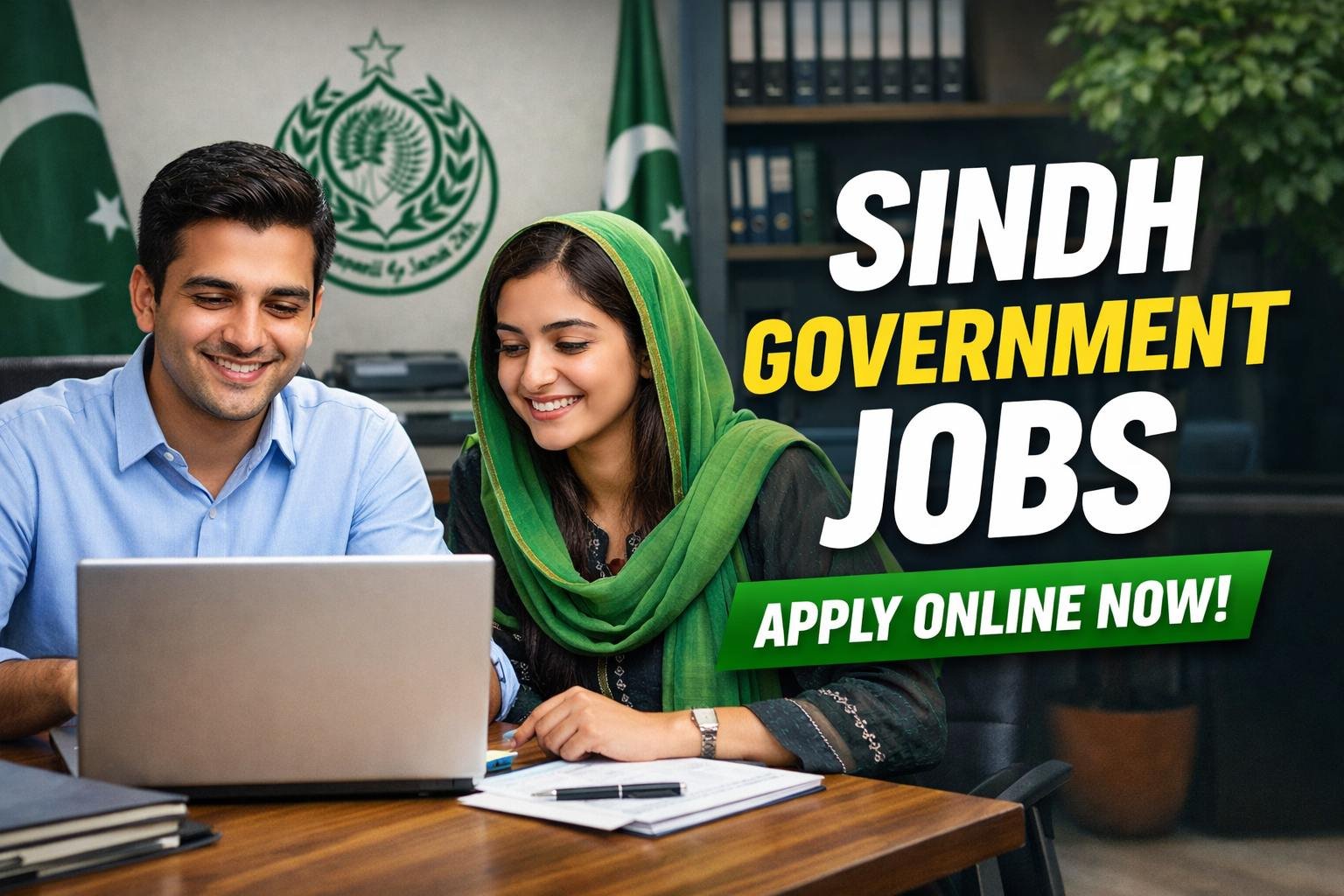 Pakistani job seekers applying online for Government of Sindh jobs through Sindh Jobs Portal using laptop in office environment