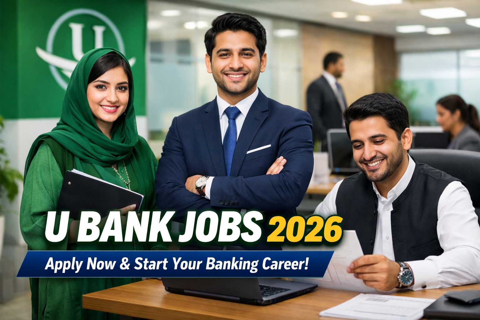 Pakistani banking professionals discussing career opportunities in U Bank Jobs 2026 recruitment campaign for banking careers in Pakistan