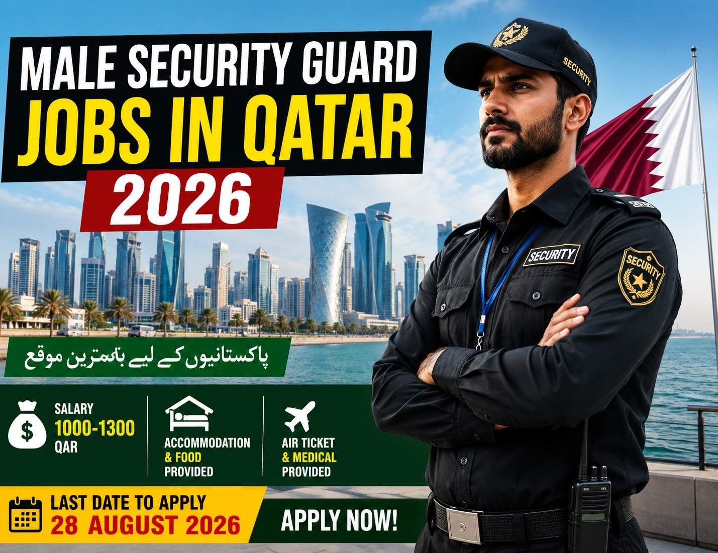 Male Security Guard Jobs in Qatar 2026 featured image showing a Pakistani security guard in Doha with salary, benefits, and apply online details.