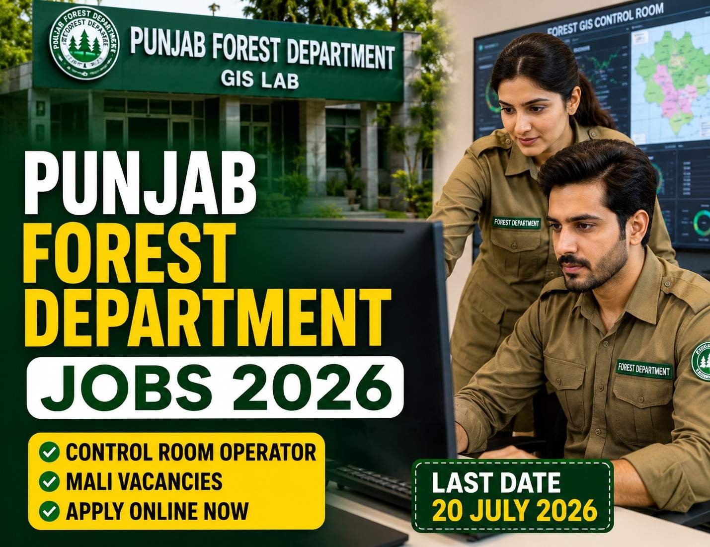 Punjab Forest Department Jobs 2026 featured image showing Pakistani candidates working in a GIS control room for Control Room Operator and Mali vacancies announced by the Punjab Forest Department.